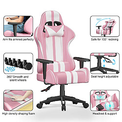 Fauteuil Gamer - BIGZZIA Chaise Gaming Ergonomique - Siège Gamer avec appui-tête et oreiller lombaires - Inclinable 90 °-135 ° -Rose et Blanc pas cher