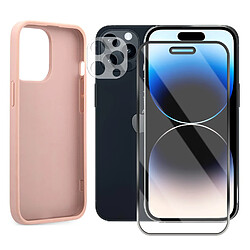 Protection intégrale Verre Trempé pour iPhone 14 Pro + Verre Trempé Caméra Arrière + Coque souple silicone Rose -Visiodirect-