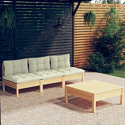 vidaXL Salon de jardin 4 pcs avec coussins crème Bois de pin