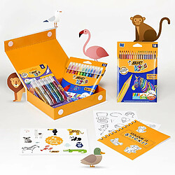 BIC My Coloring Box - Kit de Coloriage avec 12 Feutres/18 Crayons de Couleurs/6 Colles Pailletées, 1 Livre de Coloriage et 36 Autocollants