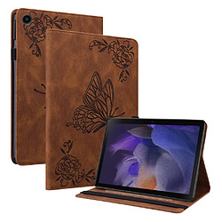 Etui en PU motif de papillons et de fleurs avec porte-cartes et élastique marron pour votre Samsung Galaxy Tab A8 10.5'' 2021