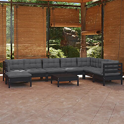 vidaXL Salon de jardin 9 pcs avec coussins Noir Bois de pin massif