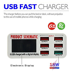 Universal Chargeur USB blanc avec écran LCD 6 ports Chargeur de téléphone de bureau Smartphone à charge rapide Tablette