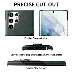 Coque en TPU + cuir véritable FIERRE SHANN avec béquille en anneau et porte-carte vert pour votre Samsung Galaxy S22 Ultra 5G