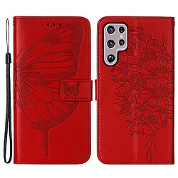 Etui en PU motif de papillons et de fleurs avec support et sangle pour votre Samsung Galaxy S23 Ultra - rouge