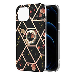 Coque en TPU antichoc, flexible, électroplaqué avec béquille à anneau pivotant fleurs noires pour votre Apple iPhone 13 mini 5.4 pouces