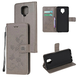 Etui en PU empreinte papillon fleurs gris pour votre Xiaomi Redmi Note 9 Pro