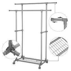 Helloshop26 Portant double barre porte-vêtements mobile extensible entre 87 à 150 cm avec roulettes et étagère de rangement capacité de charge 70 kg pour manteaux écharpes gris 12_0003488