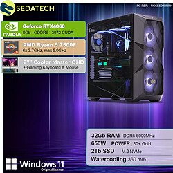 Sedatech Pack PC Gamer ATX Premium • AMD Ryzen 5 7500F • RTX4060 • 32Go DDR5 • 2To SSD M.2 • Windows 11 • Moniteur 27''