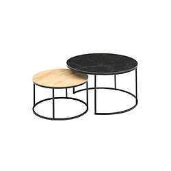 Avis Vente-Unique Tables basses gigognes en bois d'hévéa, céramique et acier - Effet marbre noir et naturel clair - JIEMBA