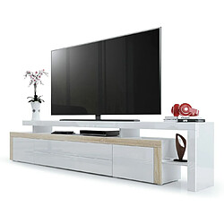 Mpc Meuble TV Laqué Blanc Et Aspect Chêne Brut 52 X 227 X 35 Cm