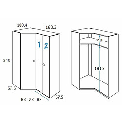 Inside 75 Armoire d'angle pan-coupé 2 portes 160,3 x 240 cm finition chêne blanchis porte droite pliante 1 étagère