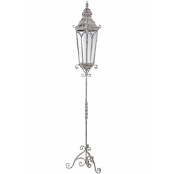 L'Héritier Du Temps Grande Lanterne Hexagonale Sur Pied Lampadaire Porte Bougie Luminaire Intérieur Extérieur en Fer Gris 38x38x198