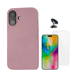 Kit Verre Trempé Clearglass + Housse Silicone Liquide + Support Voiture Magnétique Phonecare Compatible avec Apple iPhone 16 - Rose