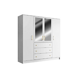 Vente-Unique Armoire 4 portes et 3 tiroirs - Avec miroirs - L196 cm - Blanc - LIZANDRO