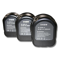 vhbw 3x Batteries Ni-MH 3000mAh (12V) pour outils DW052K-2, DW052K2H, DW052Z, DW053K, DW053K-2 comme Dewalt 152250-27, 397745-01, DC9071, DE9037.