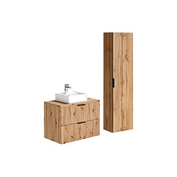 Vente-Unique Meuble de salle de bain suspendu strié avec vasque à poser et colonne - Naturel clair - 80 cm - ZEVARA