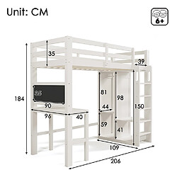 KOMHTOM Lit d'enfant surélevé avec bureau Armoire ouverte et étagères Lit d'enfant avec sommier à lattes et protection antichute Lit simple 90x200 cm -Blanc pas cher