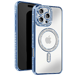 Avizar Coque Diamant pour iiPhone 16 Pro Max MagSafe Contour Strass Bleu