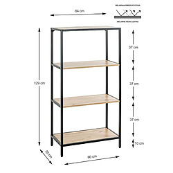 Pegane Meuble étagère, meuble de rangement en bois coloris chêne et métal noir - longueur 64 x profondeur 35 x hauteur 129 cm