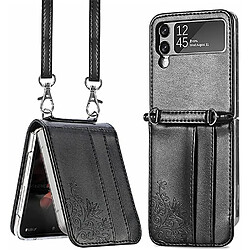 Universal Étui de téléphone en cuir crossbody pour Samsung Galaxy Z Flip 3 Fleur noir, portefeuille de mode PU Couvrage pliant en cuir