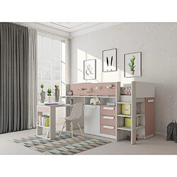 Vente-Unique Lit combiné 90 x 200 cm - Avec bureau et rangements - Rose, naturel et blanc - LOUKALA