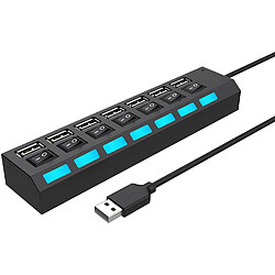 Répartiteur USB multi-ports, hub USB 2.0 7 en 1 avec interrupteurs marche/arrêt individuels haute vitesse avec hubs USB LED (7 ports USB A)