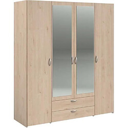 PARISOT Armoire VARIA - Décor chene - 4 portes - 2 tiroirs - Portes centrales avec miroirs - 159,9 x 185 x 51,7