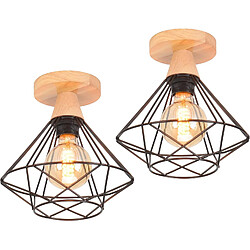 Stoex Lot De 2 Plafonnier 22CM Vintage Luminaire E27 Rétro Lustre Suspension En Bois Et Fer Design Cage Noir Pour Entrée Couloir Chambre Cuisine