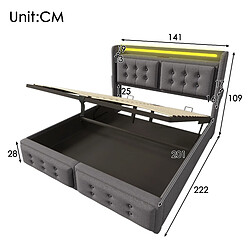 Avis KOMHTOM Lit double capitonné 140x200 avec tête de lit LED et chargeur USB C, lit hydraulique, gris (sans matelas)