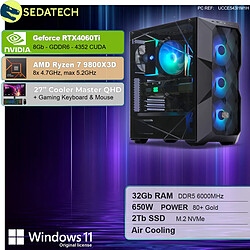 Sedatech Pack PC Gamer ATX Premium • AMD Ryzen 7 9800X3D • RTX4060Ti • 32Go DDR5 • 2To SSD M.2 • Windows 11 • Moniteur 27''