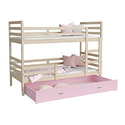 Kids Literie Lit Superposé Milo 90x190 Pin - rose Livré avec sommiers, tiroir et matelas en mousse de 7cm