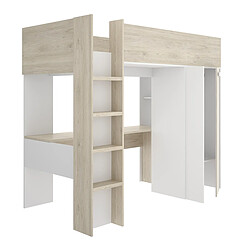 Pegane Lit enfant avec bureau et armoire coloris chêne naturel, imitation lamelles, blanc - Longueur 206 x Profondeur 111 x Hauteur 177 cm