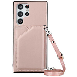 Coque en TPU + PU avec béquille, porte-carte et bandoulière or rose pour votre Samsung Galaxy S22 Ultra 5G