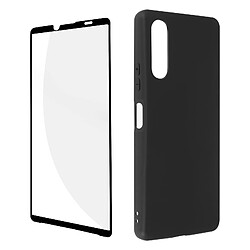 Avizar Coque Xperia 10 IV Silicone Souple Noir et Verre Trempé 9H Contour Noir