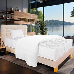 LUXURY LITERIE Ensemble Matelas Patriote Mousse 27cm ferme face été/hiver+sommier beige ep20cm+oreiller+couette+Tête de Lit, 90x190cm