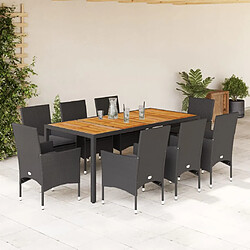 vidaXL Ensemble à manger de jardin et coussins 9 pcs noir rotin acacia