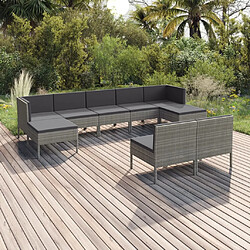 vidaXL Salon de jardin 9 pcs avec coussins Résine tressée Gris