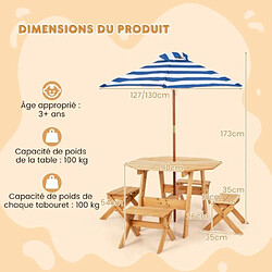 Helloshop26 Ensemble de table et tabourets pour enfants de 3 ans et plus table de pique-nique en bois parasol pliable et hauteur réglable naturel 20_0008501 pas cher