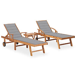 Helloshop26 Lot de 2 transats chaise longue bain de soleil lit de jardin terrasse meuble d'extérieur avec table et coussin bois de teck solide 02_0012089