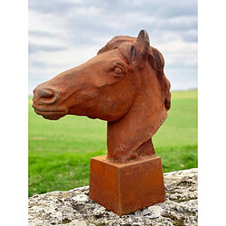 L'Héritier Du Temps Grande Statue de Cheval Tête ou Buste de Cheval Tête de Pilastre ou Colonne en Fonte Rouillée 20x56x59cm