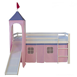 Decoshop26 Lit mezzanine 90x200cm avec échelle toboggan en bois blanc et toile rose incluse LIT06153