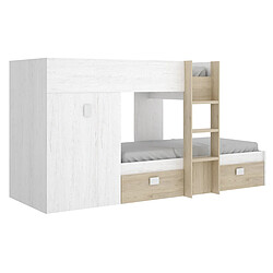 Avis Pegane Lit enfant superposé avec armoire et 2 tiroirs coloris chêne naturel, imitation lamelles, blanc - Longueur 271 x Profondeur 111 x Hauteur 150 cm