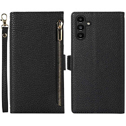 Etui en PU texture litchi avec support, pochette à fermeture éclair et sangle pour votre Samsung Galaxy A13 5G - noir