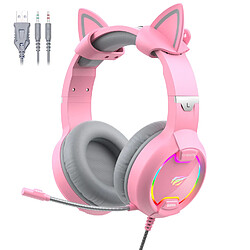 GAMENOTE H2233d Casque gaming fille rose avec oreilles de chat éclairage RGB pour PC & console - Haut-parleur 50mm