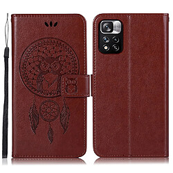 Etui en PU motif hibou et attrape-rêves avec support et sangle marron pour votre Xiaomi Redmi Note 11/Poco M4 Pro 5G