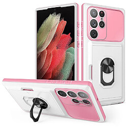 Coque en TPU + acrylique antichoc avec béquille en anneau et porte-carte blanc/rose pour votre Samsung Galaxy S22 Ultra 5G