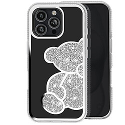 Avizar Coque Paillette pour iPhone 16 Pro Max Motif Ourson avec Strass Argent