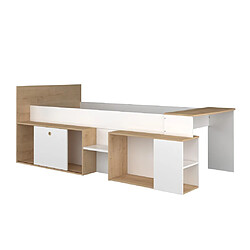 Vente-Unique Lit combiné 90 x 200 cm avec bureau et rangements - Blanc et naturel + Sommier - PALOMA