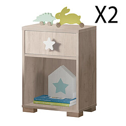 Pegane Lot de 2 tables de chevet enfant / Table de nuit coloris effet bois - Hauteur 56 x Longueur 40 x Profondeur 33 cm